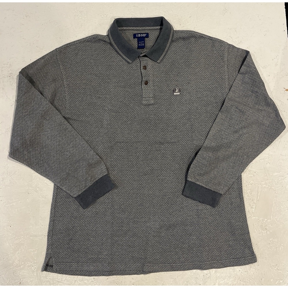 Vintage IZOD Rugby Polo Shirt Mens L Long‎ Sleeve Checkered Gray Golf Collared